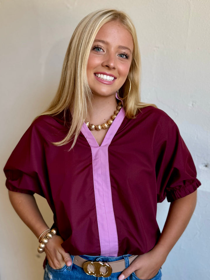 Stadium Sweetheart Maroon V-Neck Top
