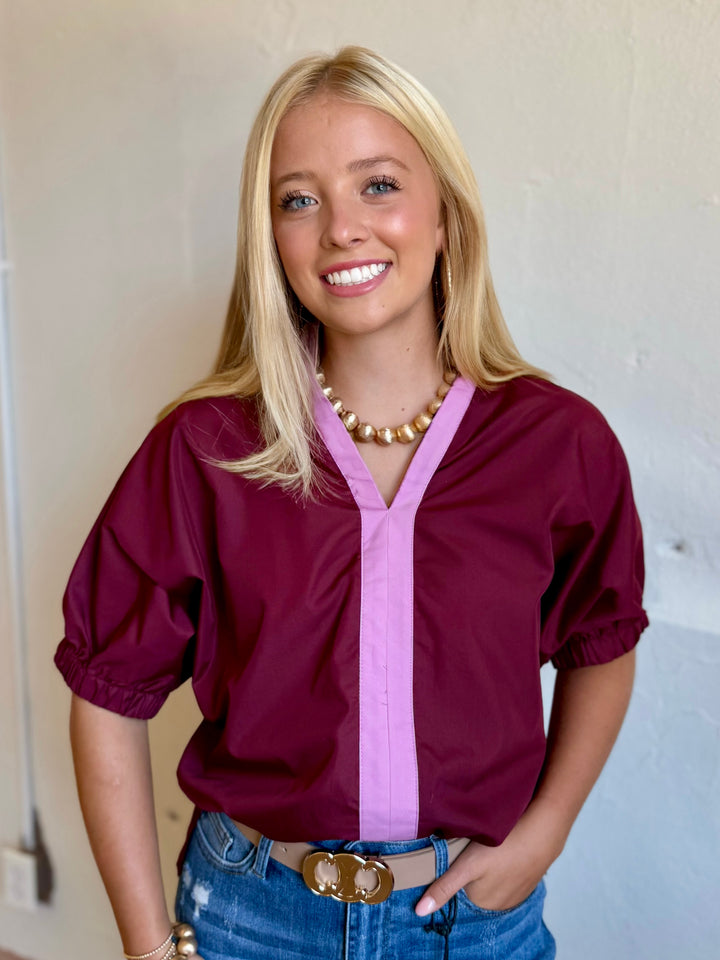 Stadium Sweetheart Maroon V-Neck Top
