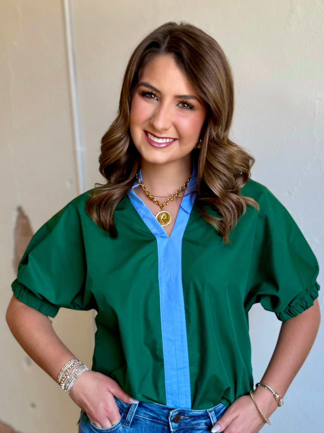 Green With a Twist V-Neck Top