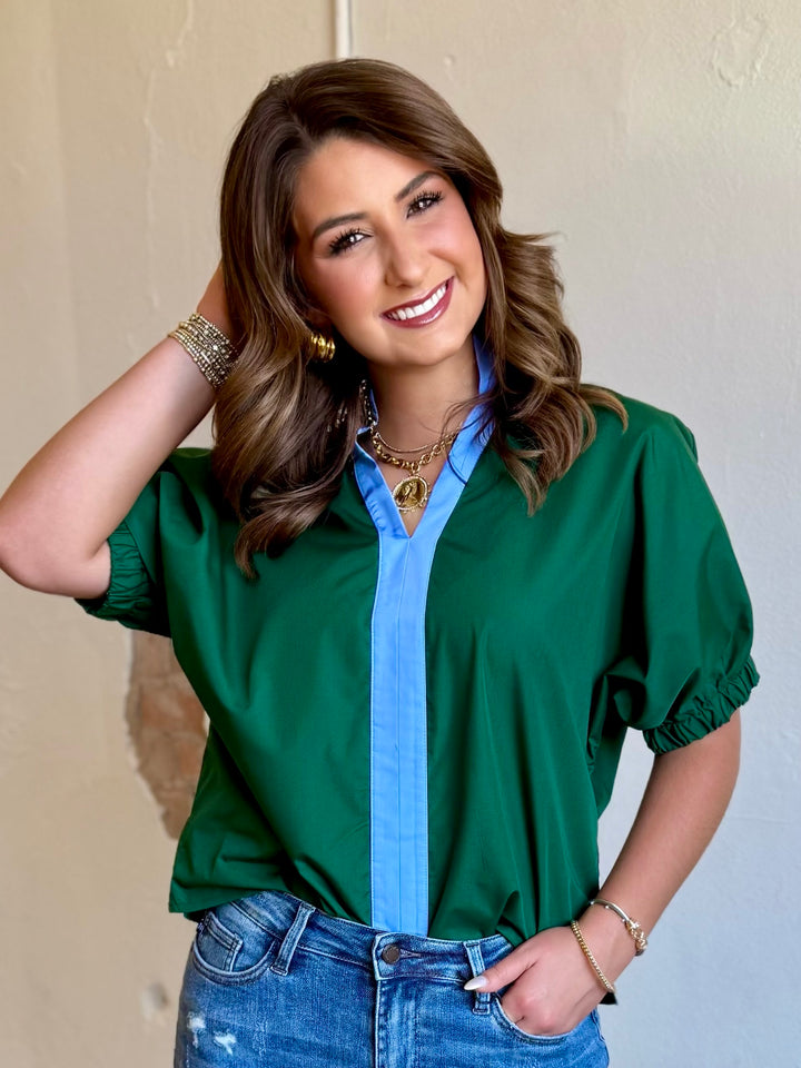 Green With a Twist V-Neck Top