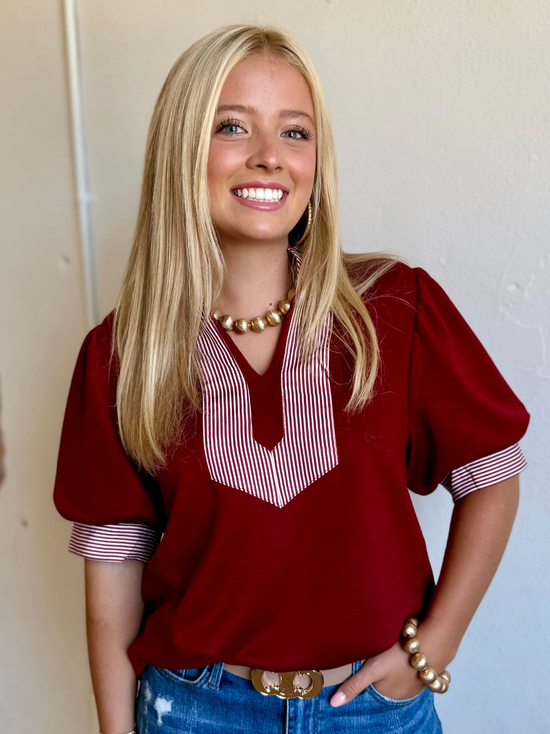 Stadium Style V-Neck Maroon Top