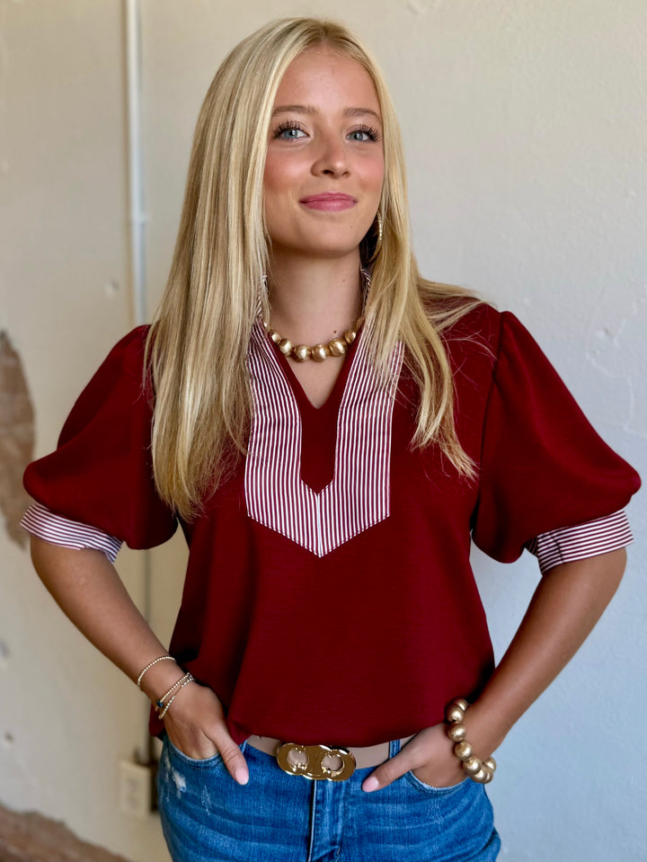 Stadium Style V-Neck Maroon Top
