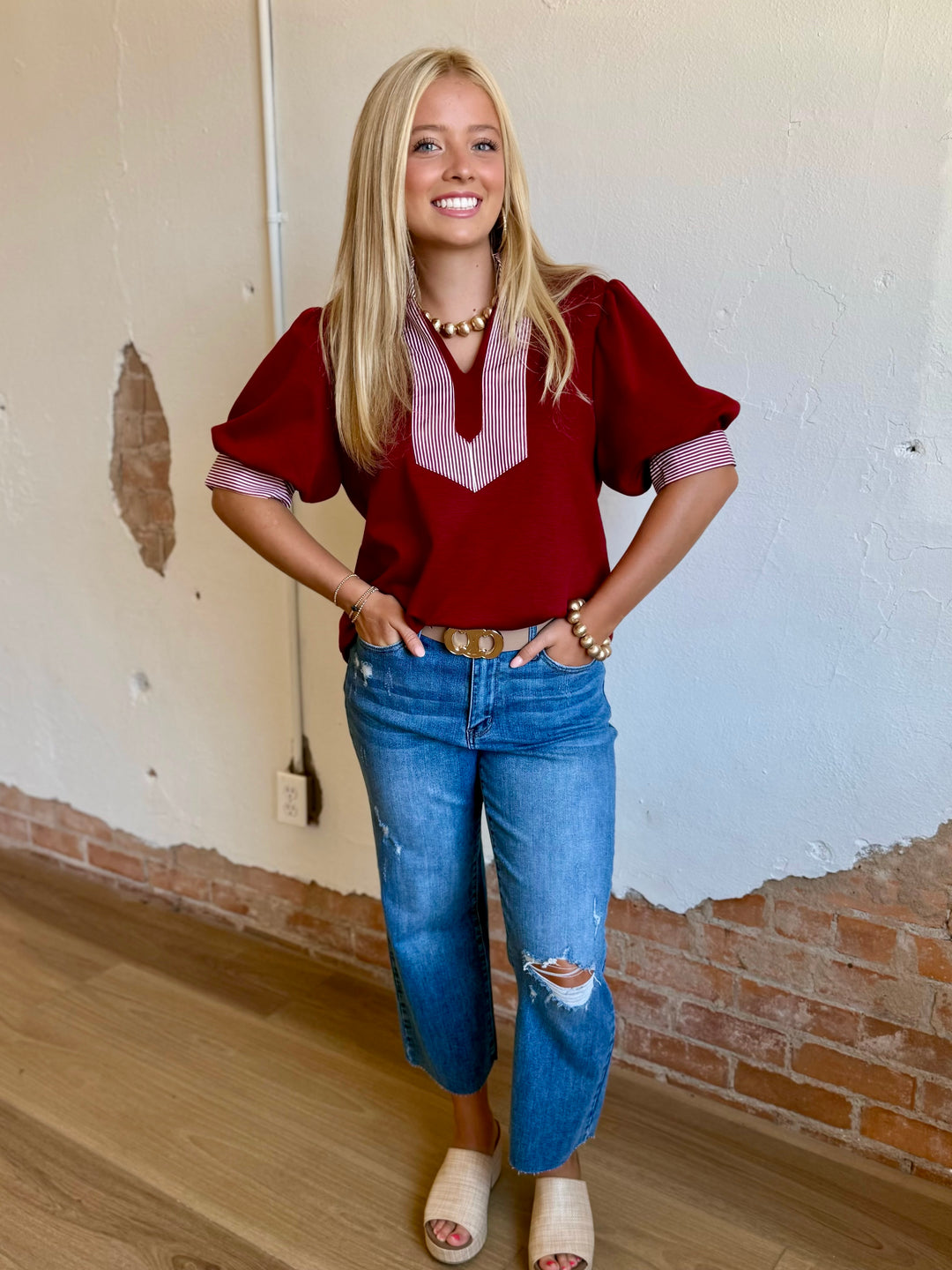 Stadium Style V-Neck Maroon Top