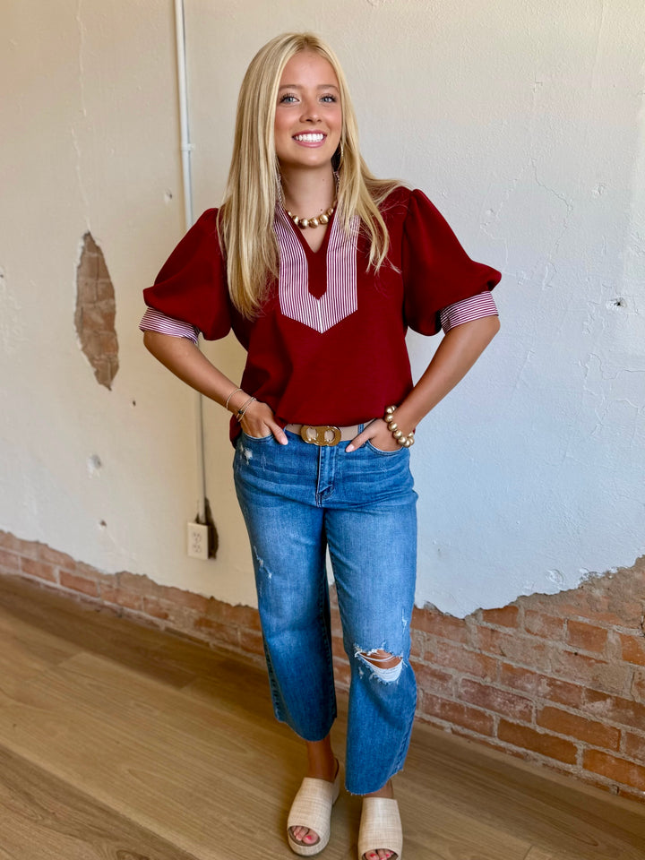 Stadium Style V-Neck Maroon Top