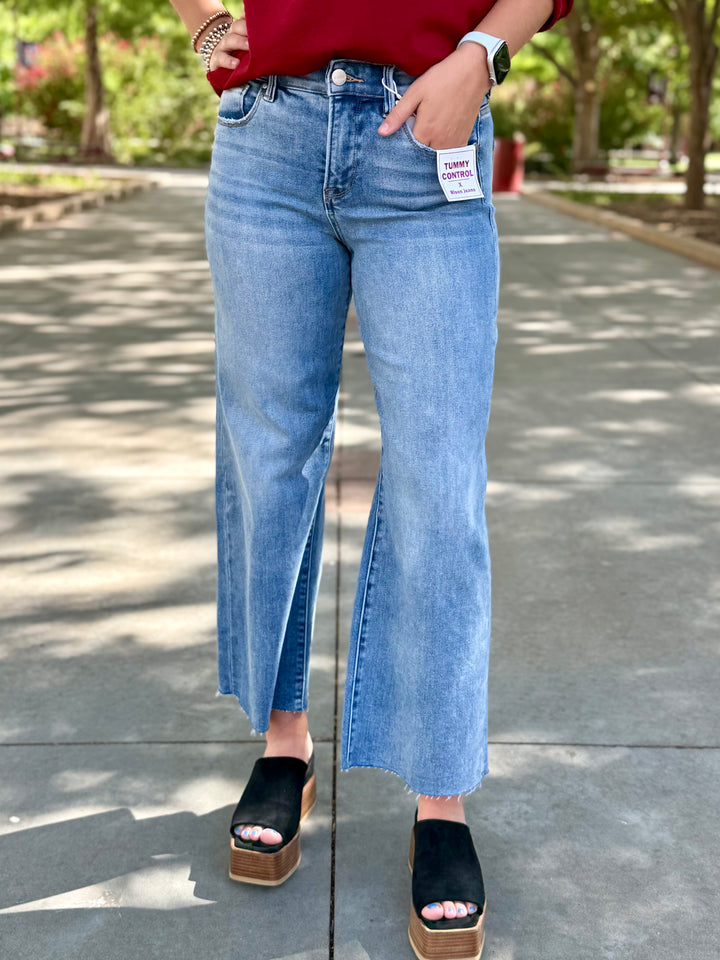 Sable Mid Rise Tummy Control Cropped Wide Leg Jean by Risen