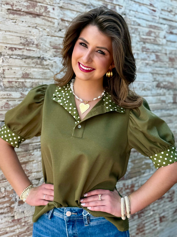 Olive Dot Detail Sweetheart Top