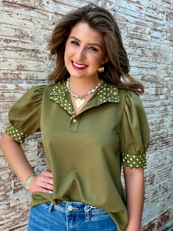 Olive Dot Detail Sweetheart Top