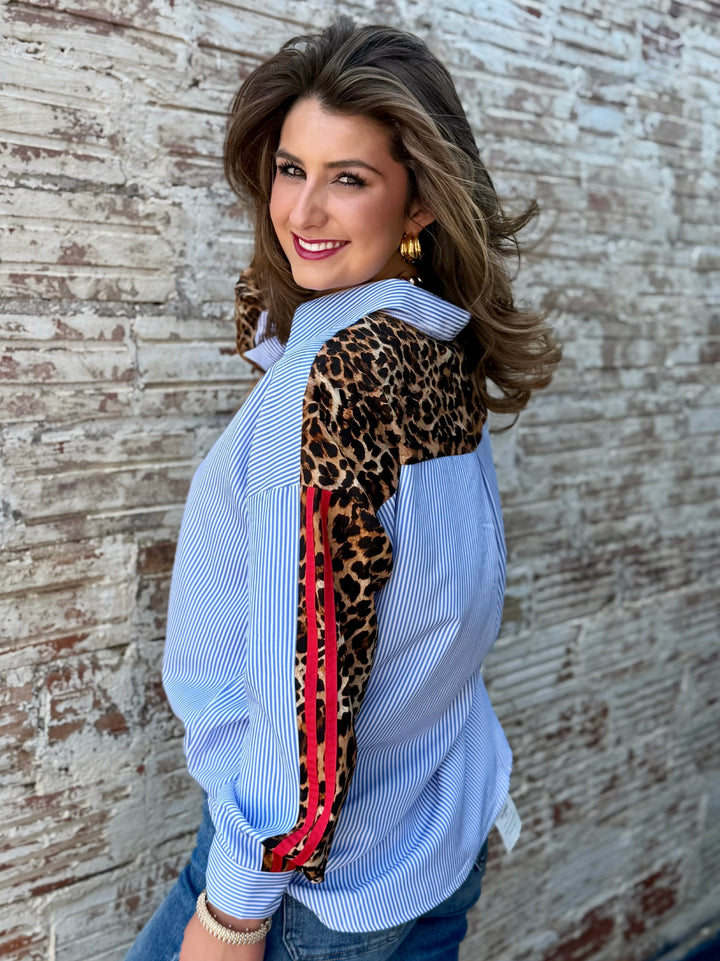 Leopard Edge Striped Button Up Blouse