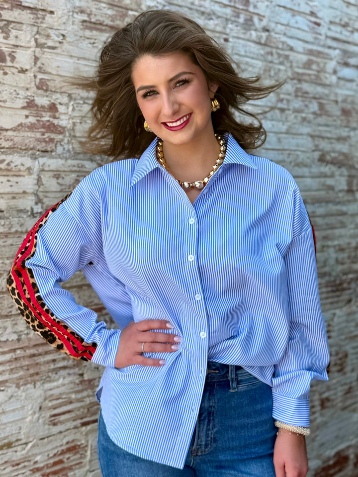 Leopard Edge Striped Button Up Blouse