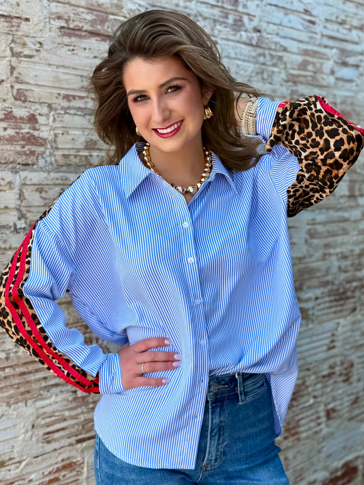 Leopard Edge Striped Button Up Blouse