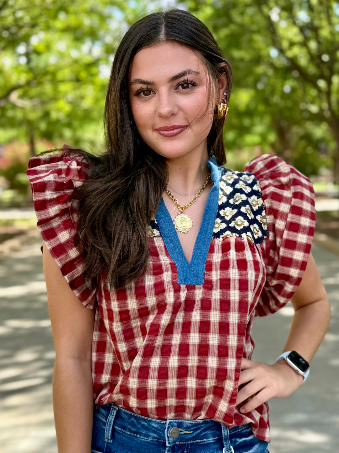 Little Patch Plaid Ruffle Sleeve Top by THML