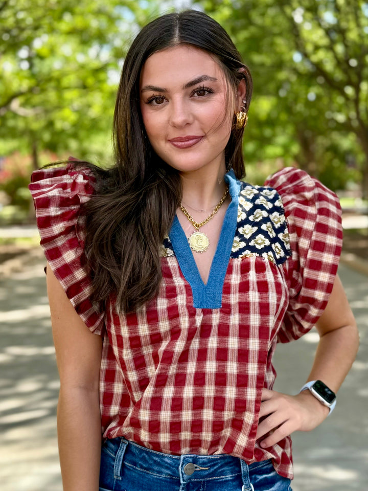 Little Patch Plaid Ruffle Sleeve Top by THML