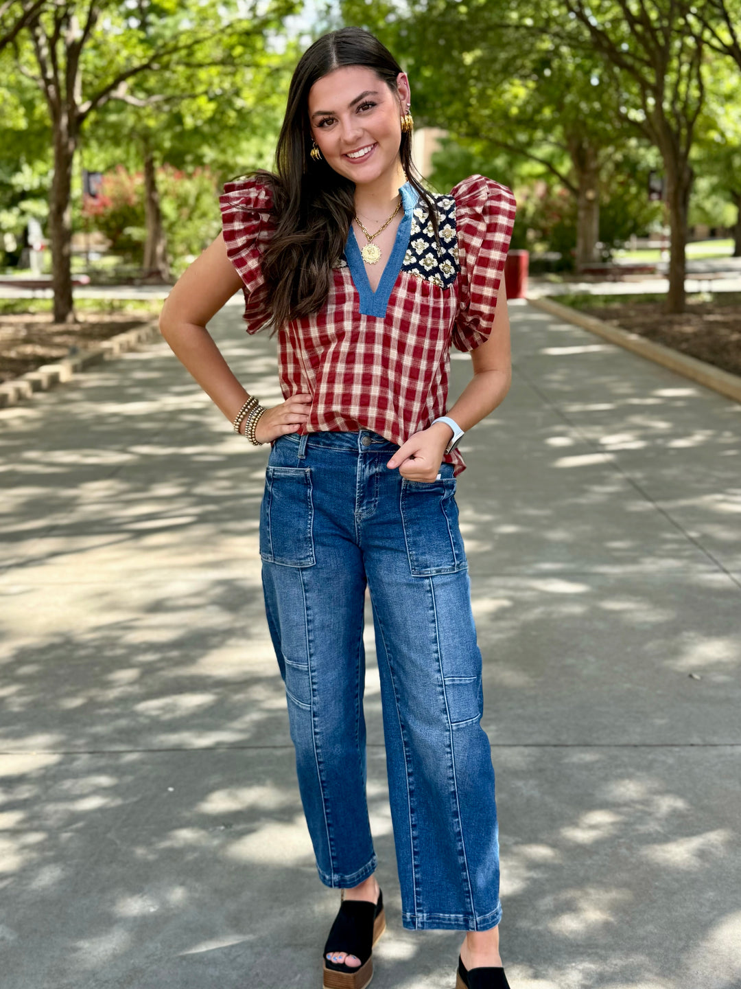 Little Patch Plaid Ruffle Sleeve Top by THML