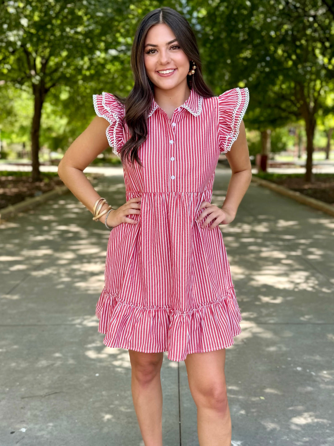 Everyday Win Red Striped Ruffle Sleeve Dress