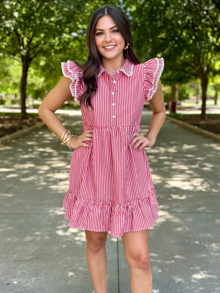 Everyday Win Red Striped Ruffle Sleeve Dress