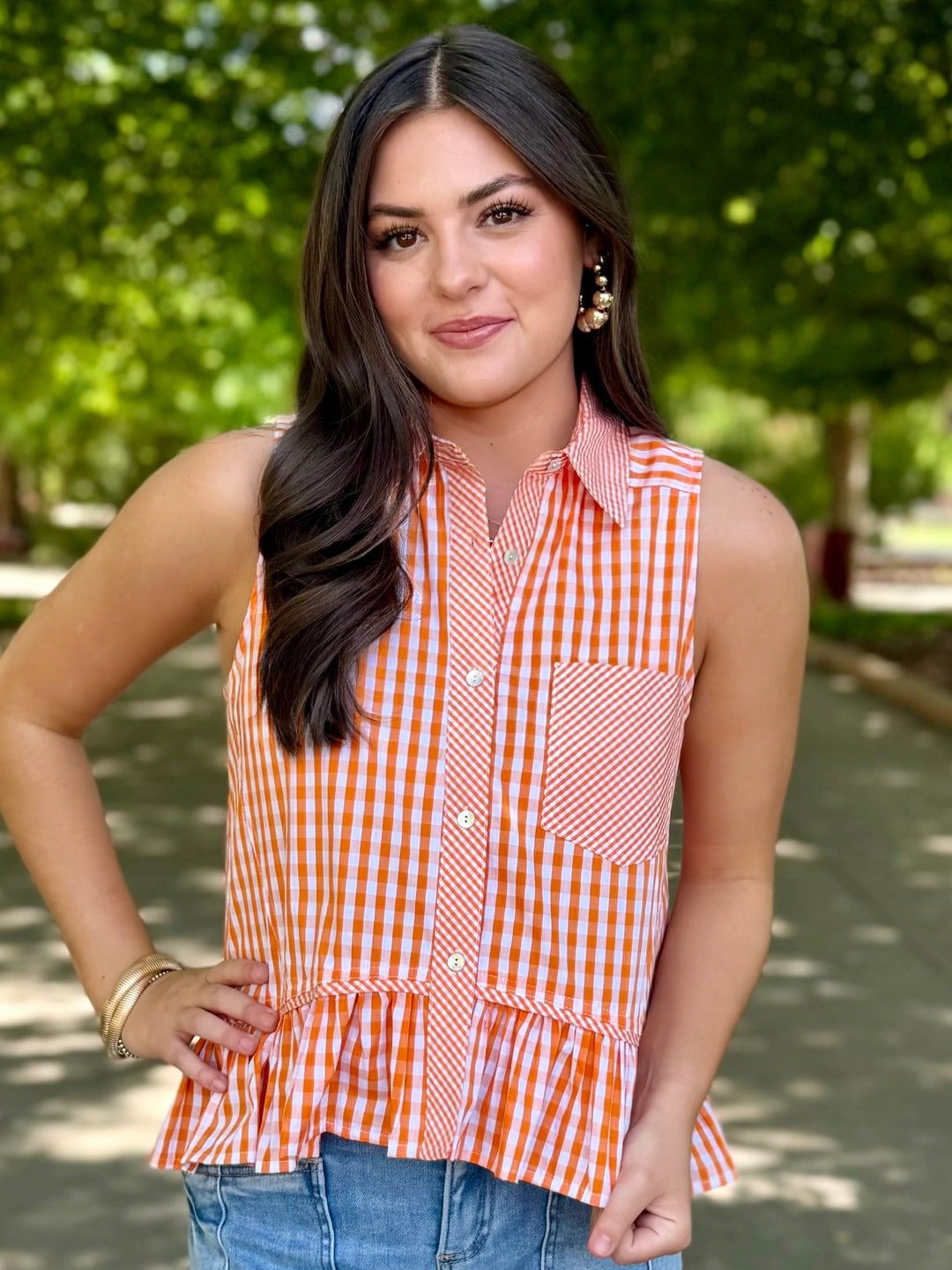 Fourth Quarter Check Orange Peplum Top