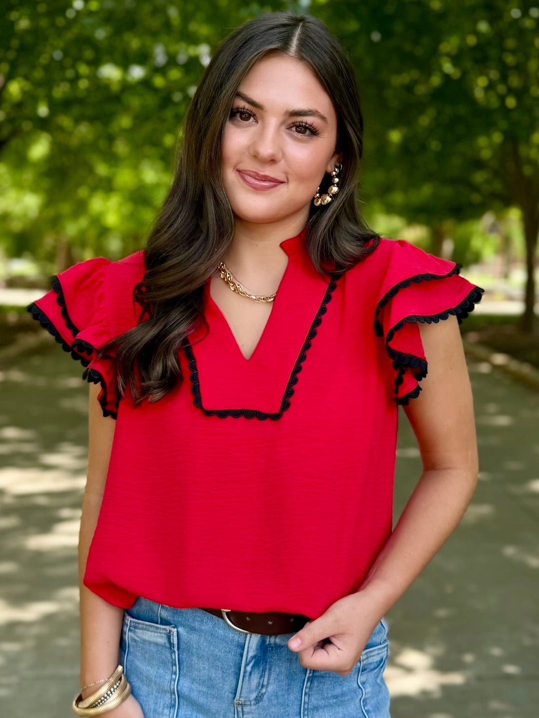 Stadium Ready V-Neck Red & Black Blouse