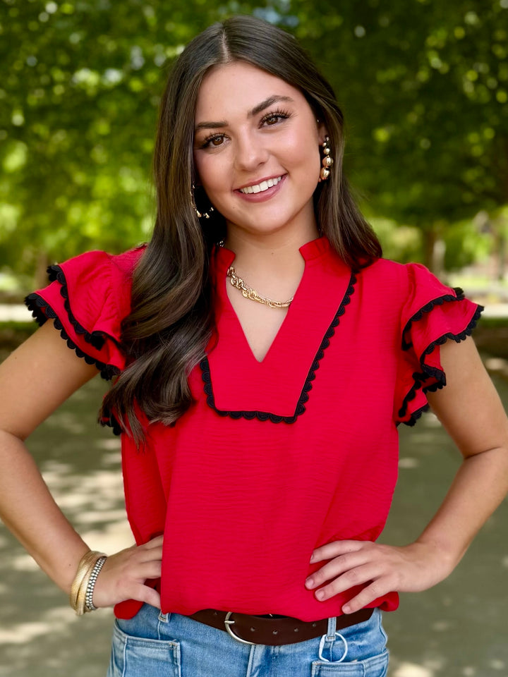 Stadium Ready V-Neck Red & Black Blouse