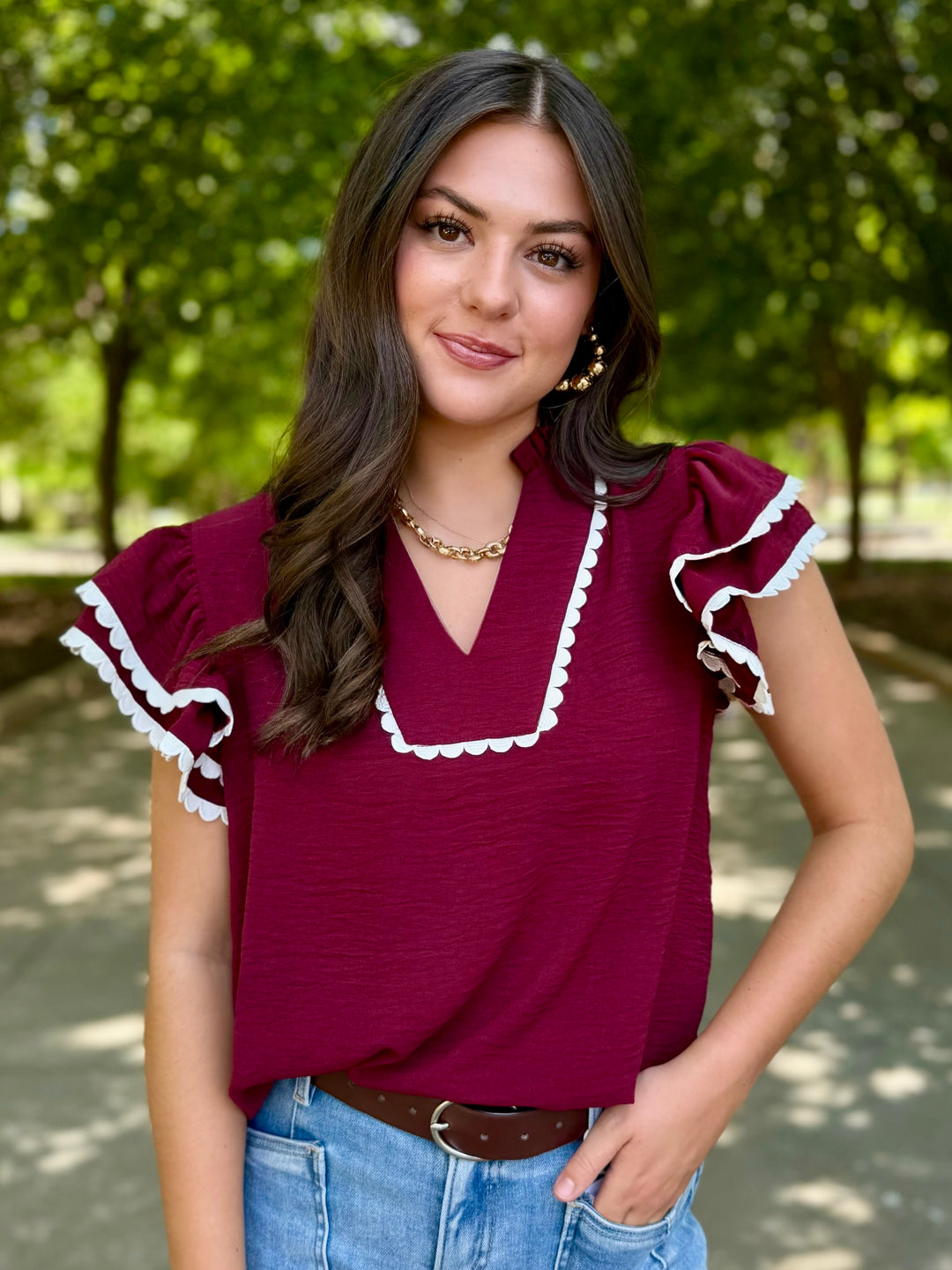 Stadium Ready V-Neck Ruffle Sleeve Blouse