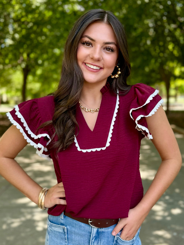 Stadium Ready V-Neck Ruffle Sleeve Blouse