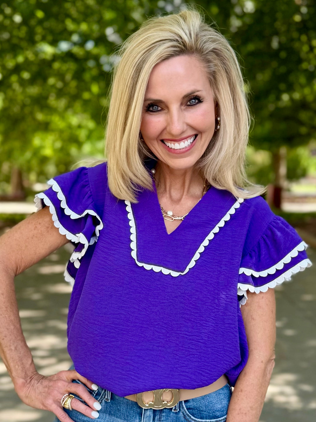 Stadium Ready V-Neck Ruffle Sleeve Blouse