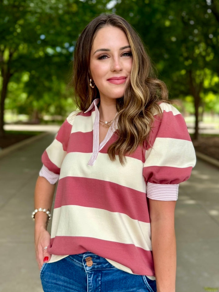 Pretty in Stripes Mauve V-Neck Top