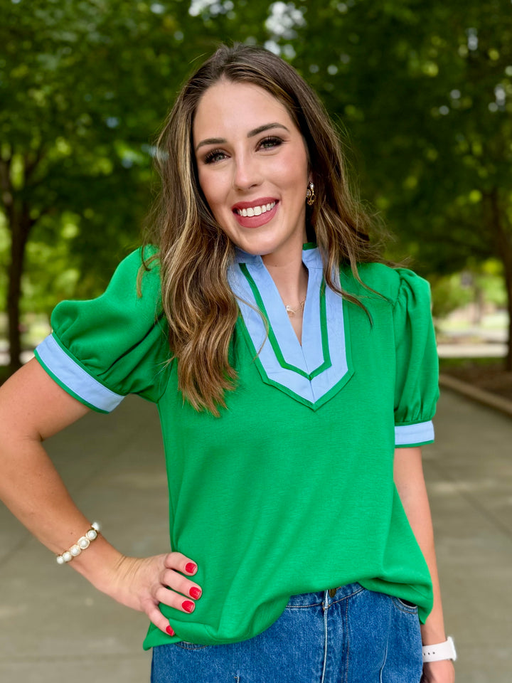 Color Crush Green V-Neck Top