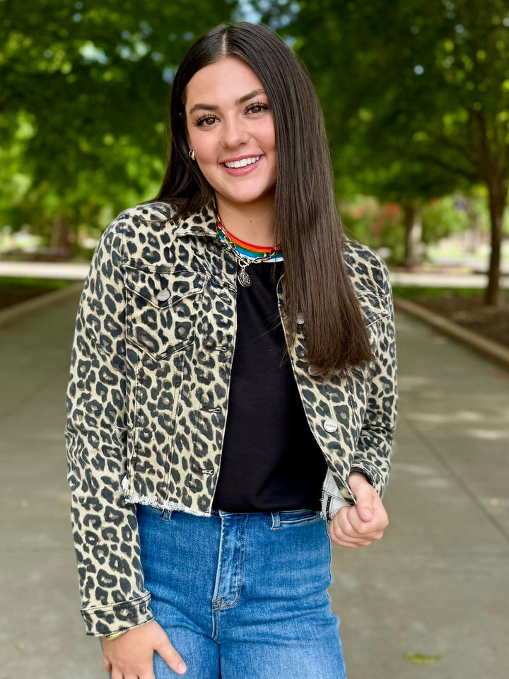 Sloane Leopard Raw Hem Jean Jacket by Risen