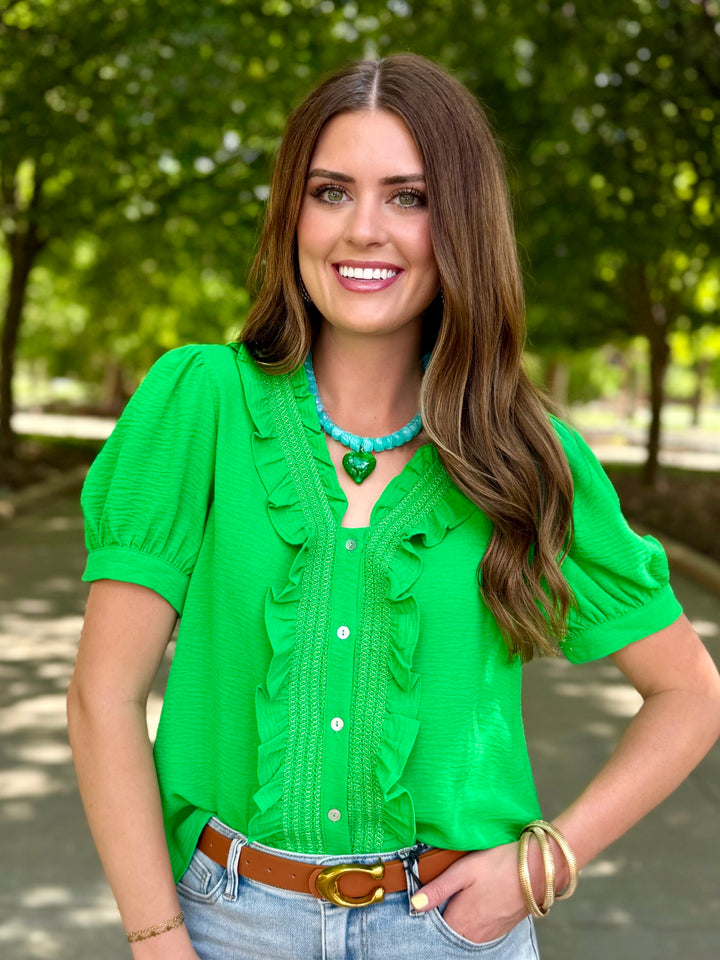 Effortless Charm Green V-Neck Ruffle Blouse