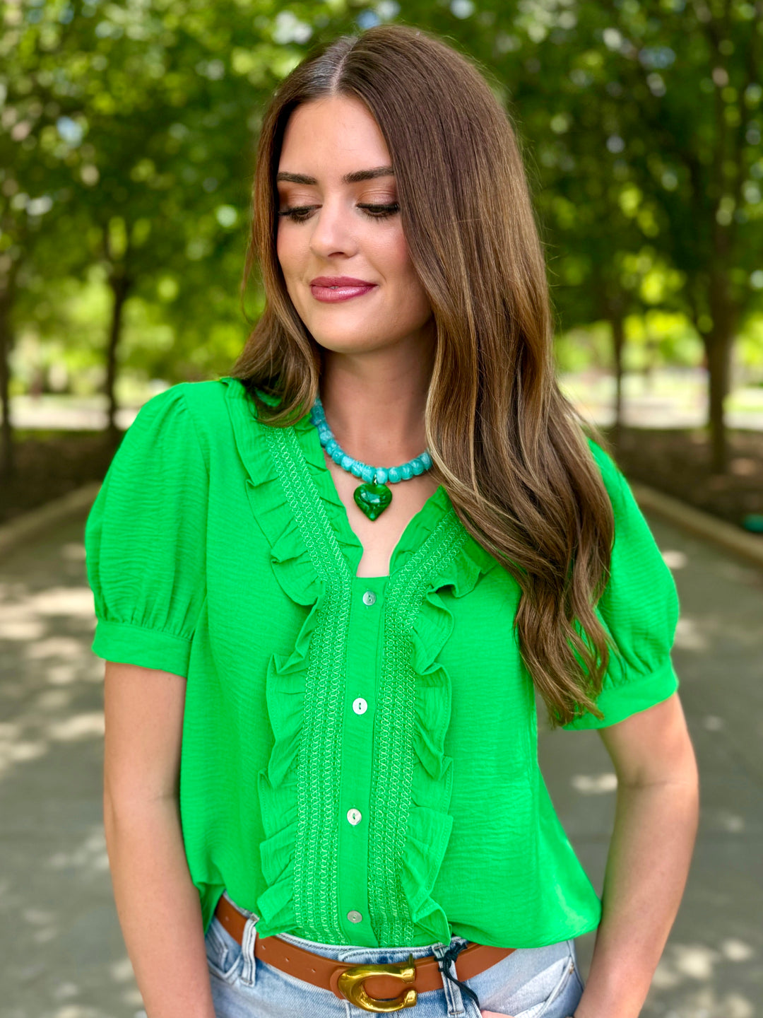 Effortless Charm Green V-Neck Ruffle Blouse