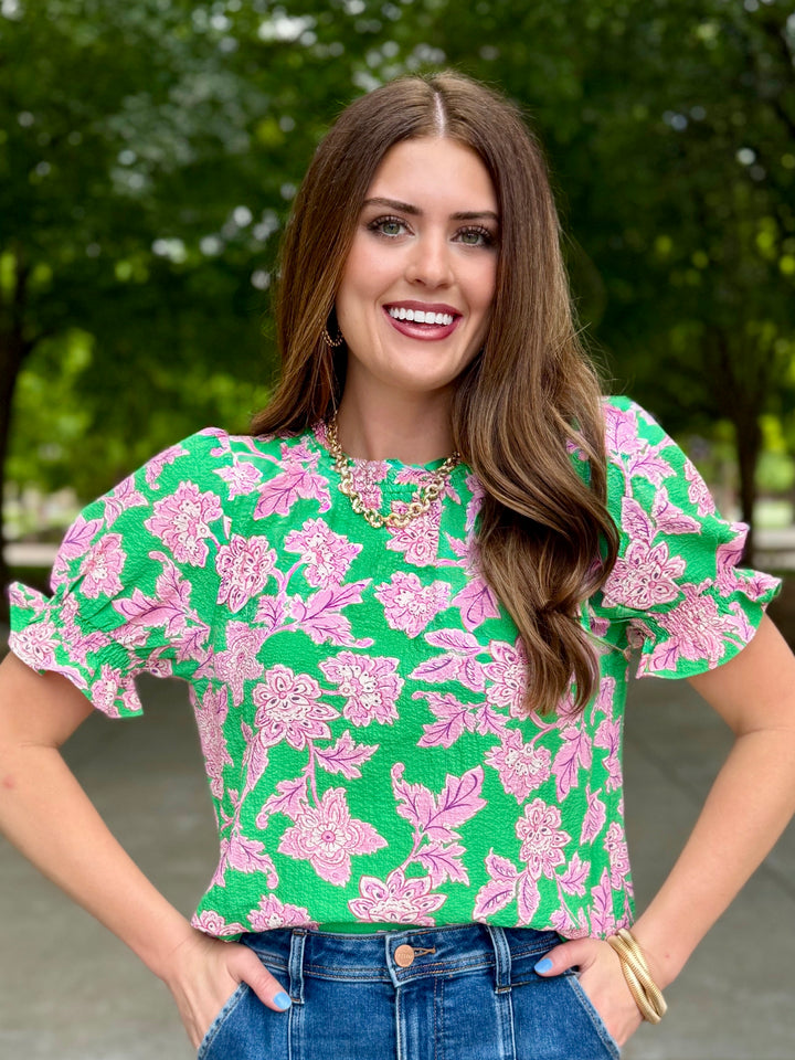 Green Floral Puff Sleeve Blouse