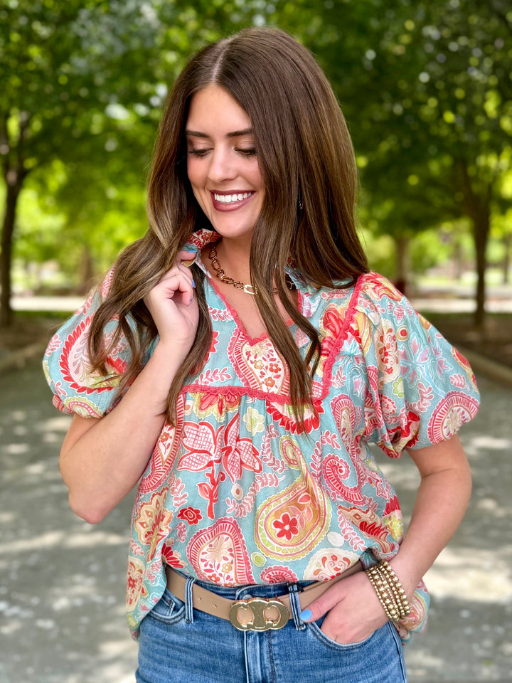 Blue Skies Paisely V-Neck Blouse