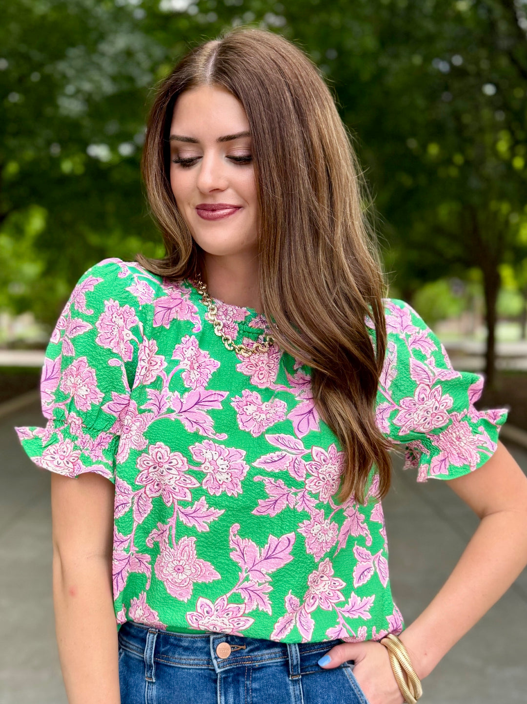 Green Floral Puff Sleeve Blouse