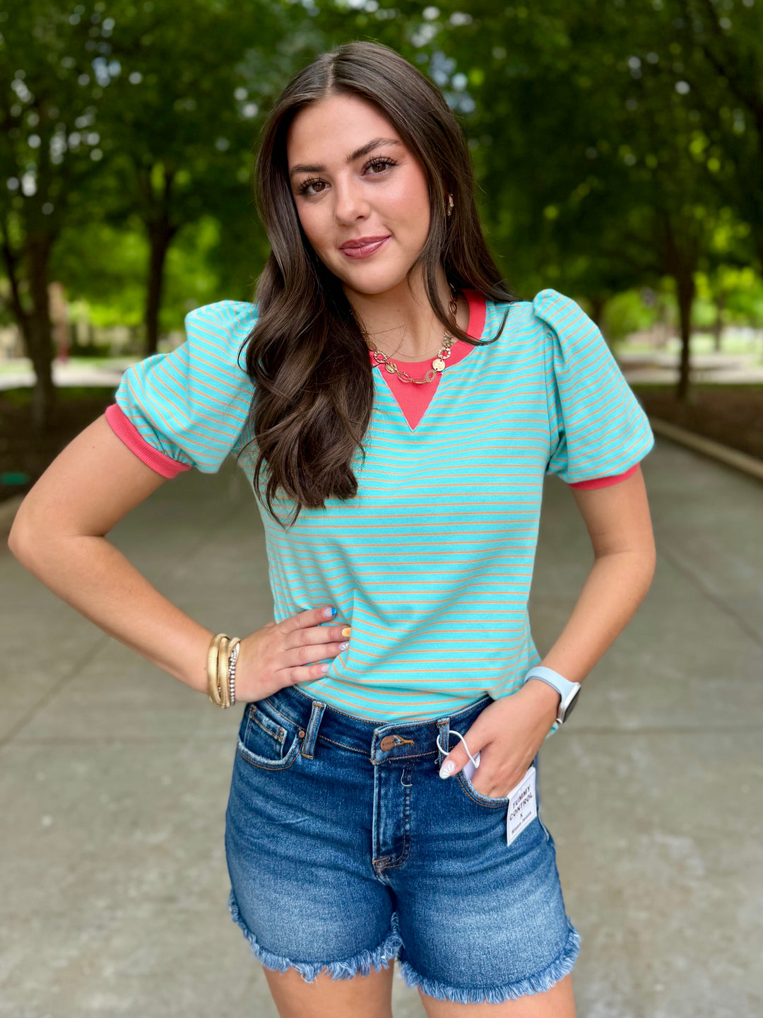 Turquoise & Melon Striped Puff Sleeve Top