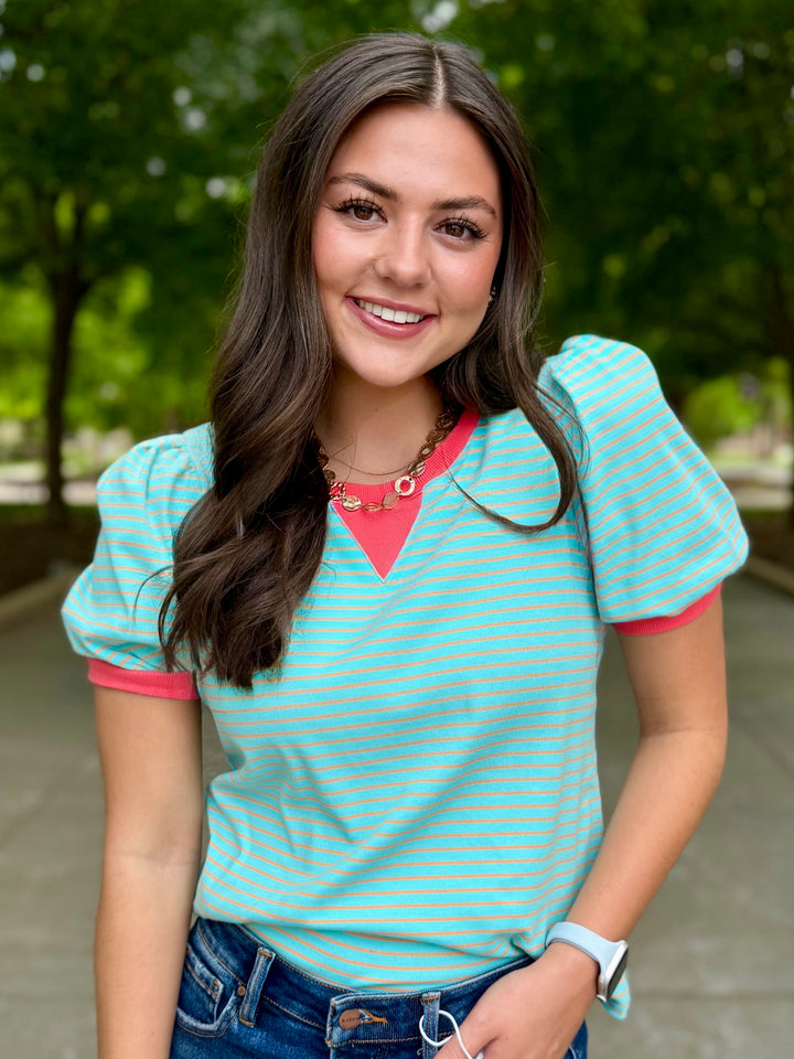 Turquoise & Melon Striped Puff Sleeve Top