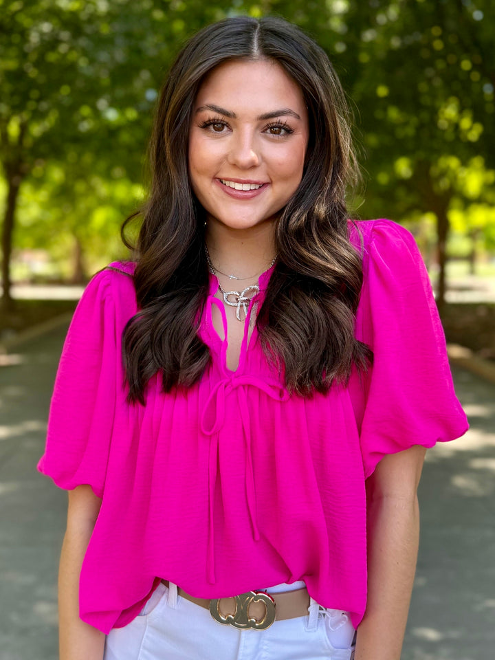 Make It Pop Hot Pink V-Neck Blouse