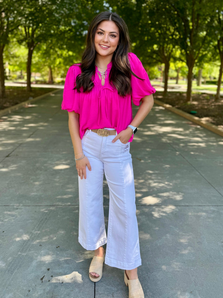 Make It Pop Hot Pink V-Neck Blouse
