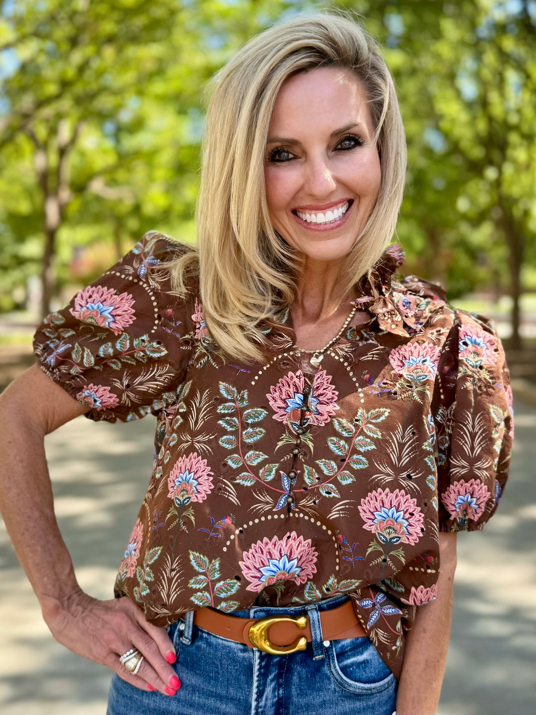 Wildflower Bloom Brown V-Neck Blouse