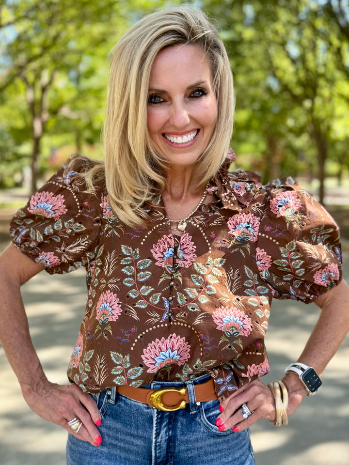 Wildflower Bloom Brown V-Neck Blouse