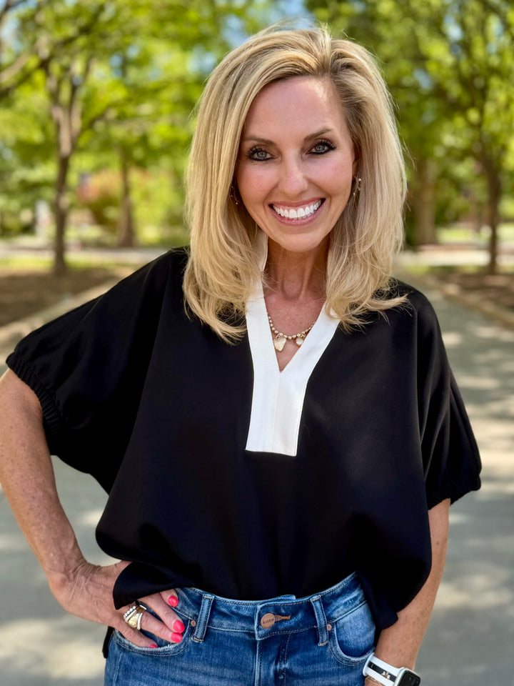 Classic Contrast V-Neck Top