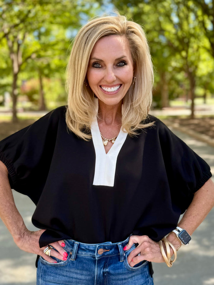 Classic Contrast V-Neck Top