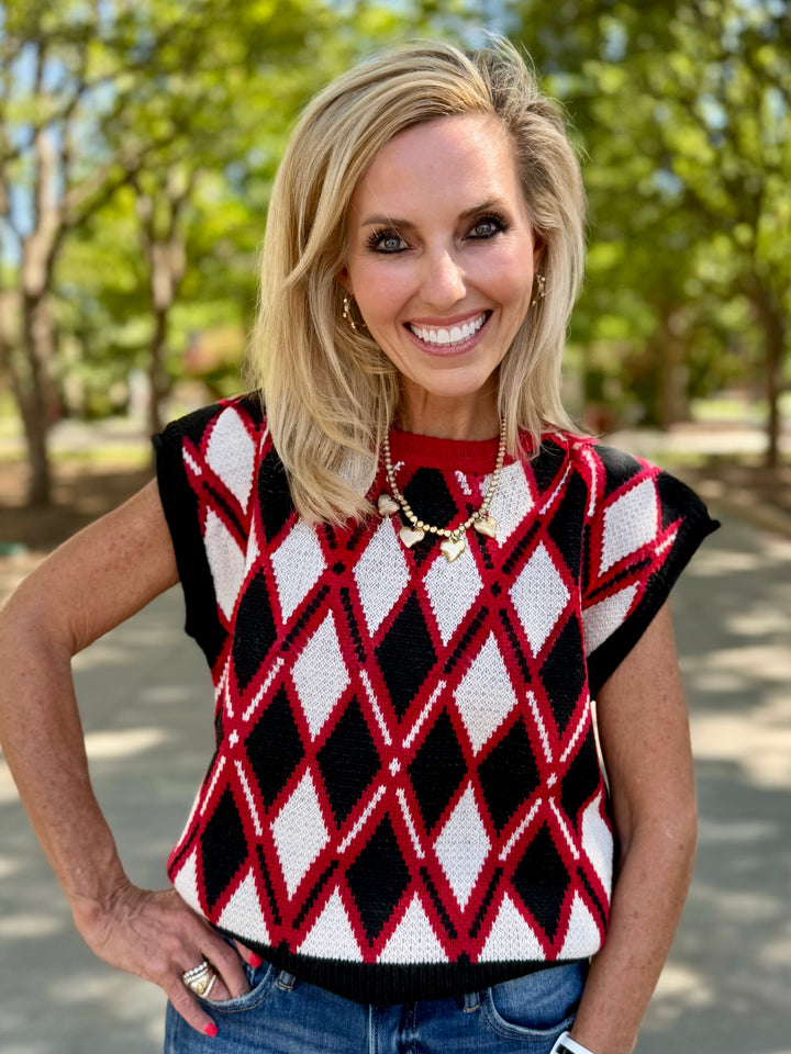 Red Argyle Knit Sweater