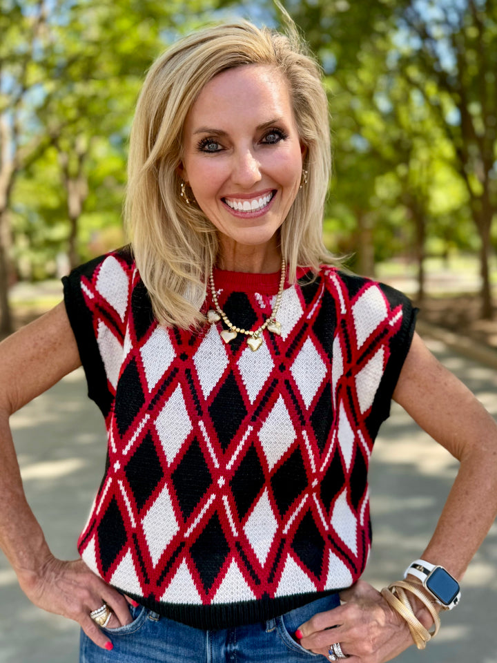 Red Argyle Knit Sweater