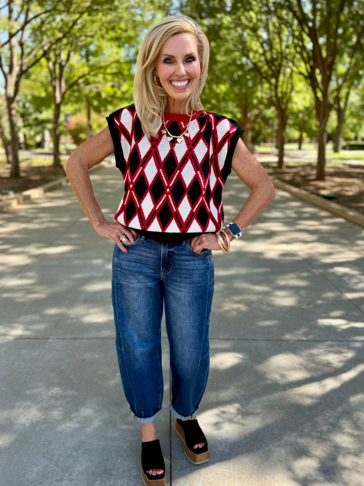 Red Argyle Knit Sweater