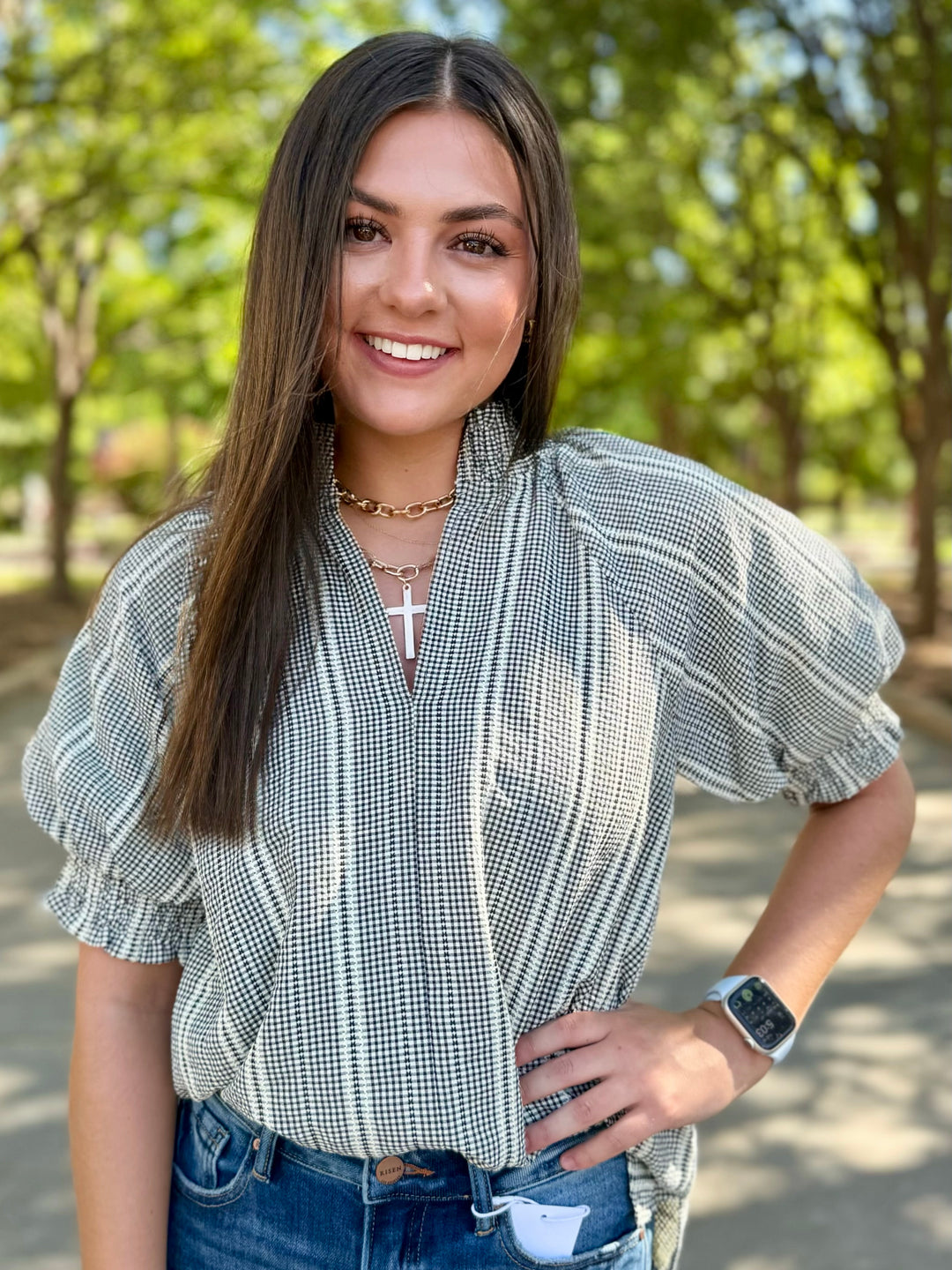 Gingham Charm Cream Puff Sleeve Top