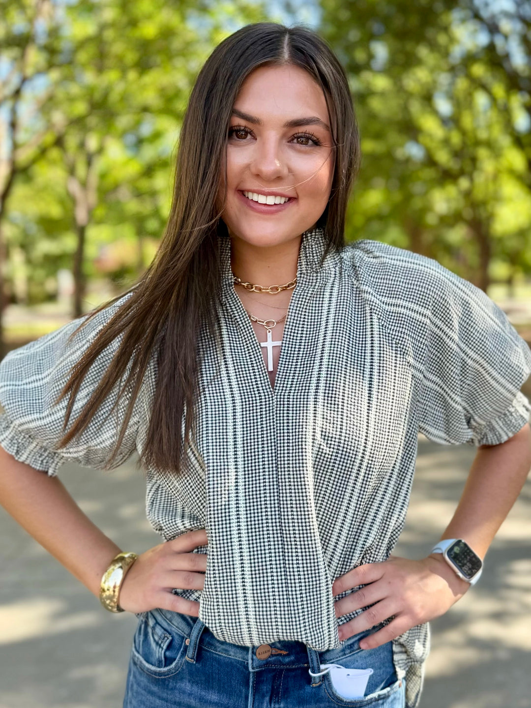 Gingham Charm Cream Puff Sleeve Top