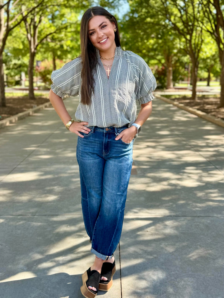 Kendra High Rise Cuffed Barrel Jean by Risen