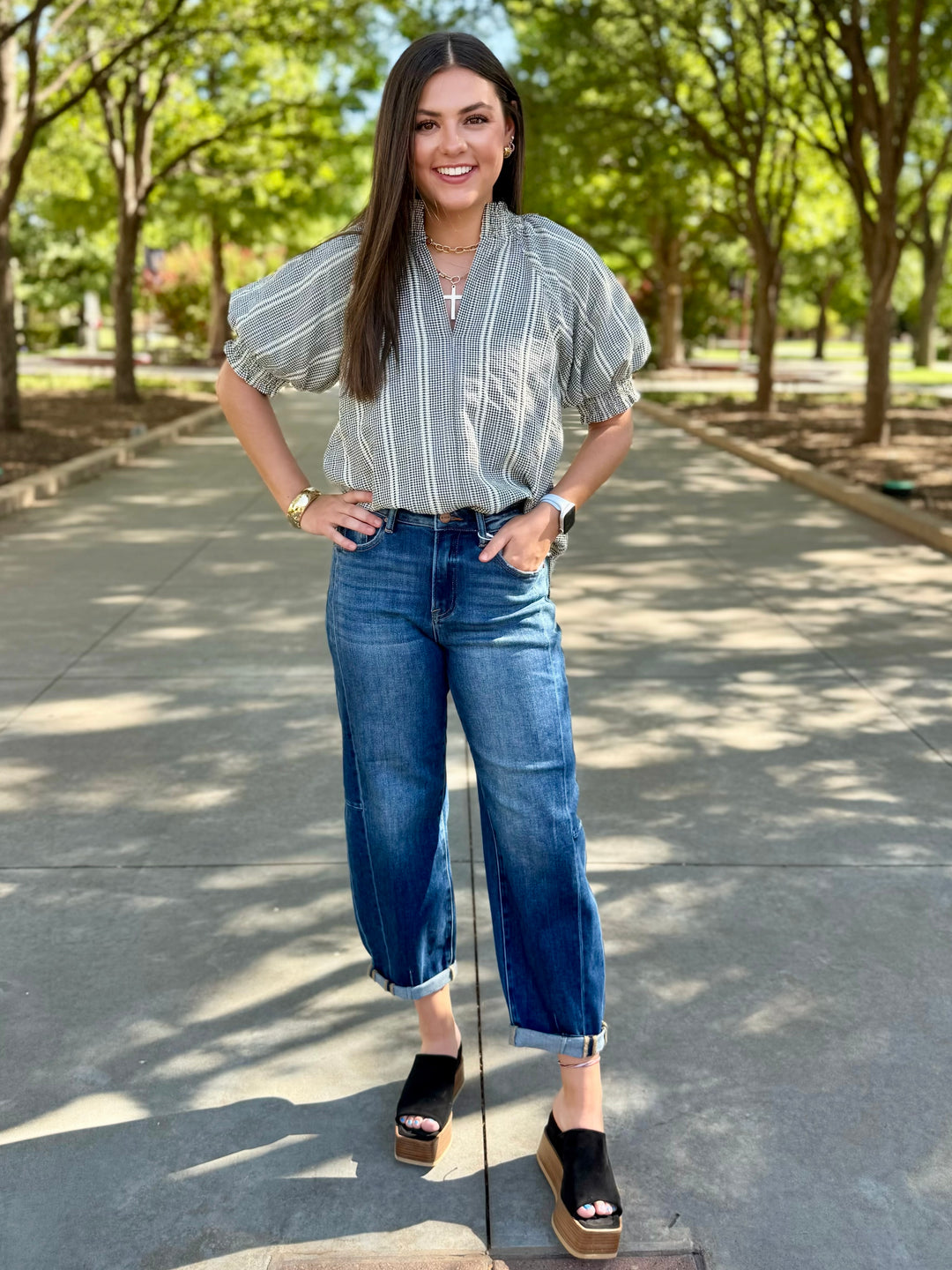 Kendra High Rise Cuffed Barrel Jean by Risen
