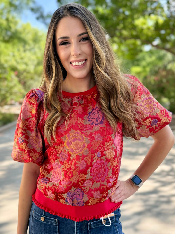 Blooming Red Embossed Floral Top