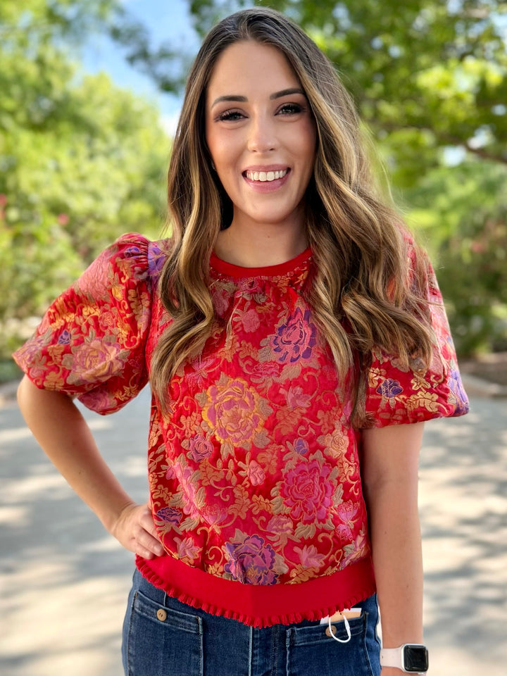Blooming Red Embossed Floral Top